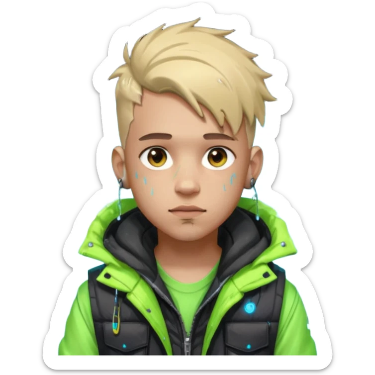 Cyberpunk street kid, male, messy undercut, puffer vest over hoodie, glowing earpiece, light stubble, brown eyes, neon reflections, raindrops, dark background. sticker