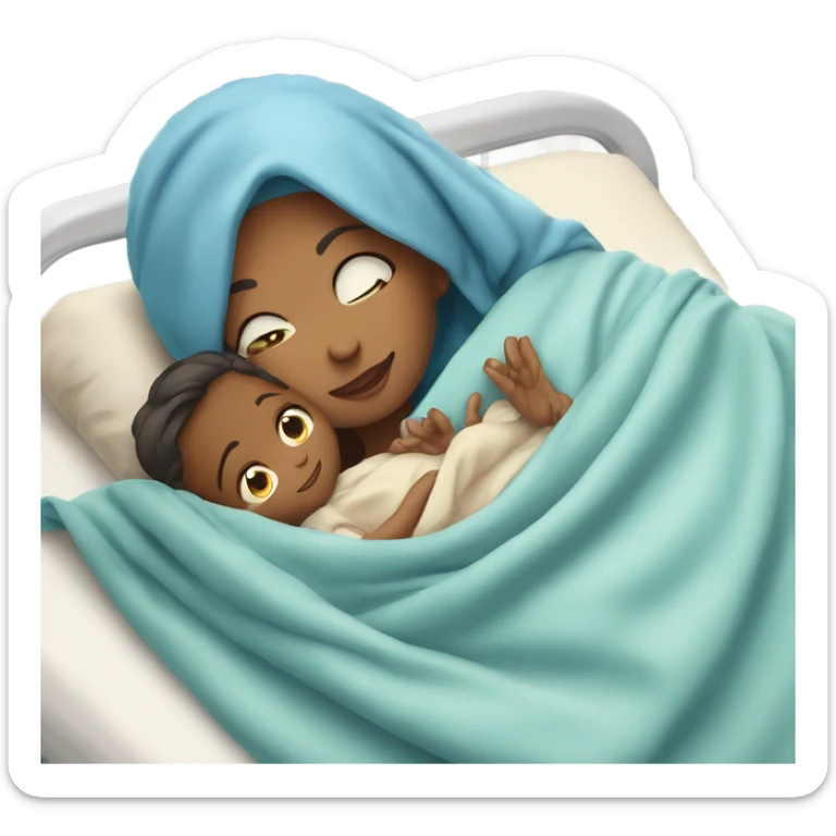 A mother lying on a hospital bed, cradling her newborn baby wrapped in a soft blue swaddle blanket.






 sticker