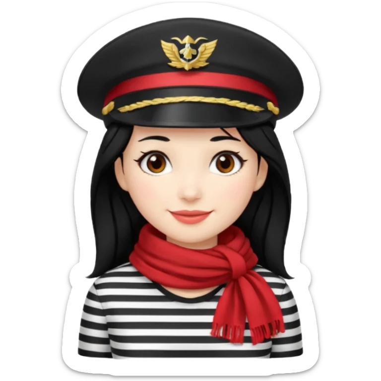 marinera de pelo negro piel blanca con camisa a rayas blanco y negro y pañuelo rojo y gorra de capitana y sonrisa tierna sticker