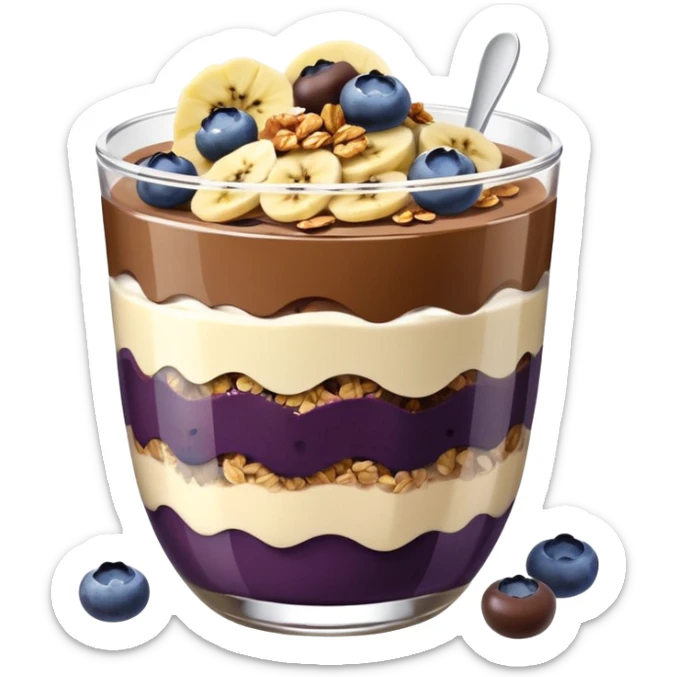 Açai bowl in a clear cup with layers of biscof , nutlella, granola, condensed milk and banana sliced and blueberrys on top sticker
