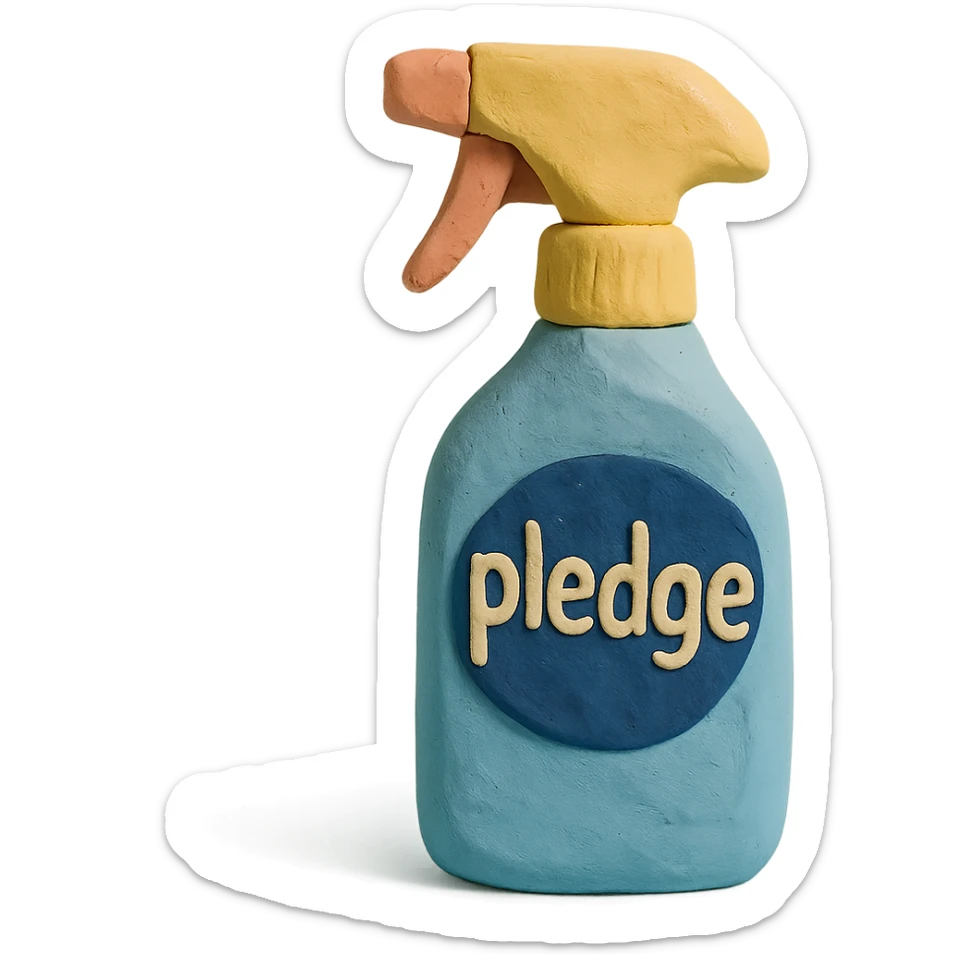 claymation style Pledge-inspired furniture polish bottle with a spray nozzle, playful arrangement, pastel palette sticker