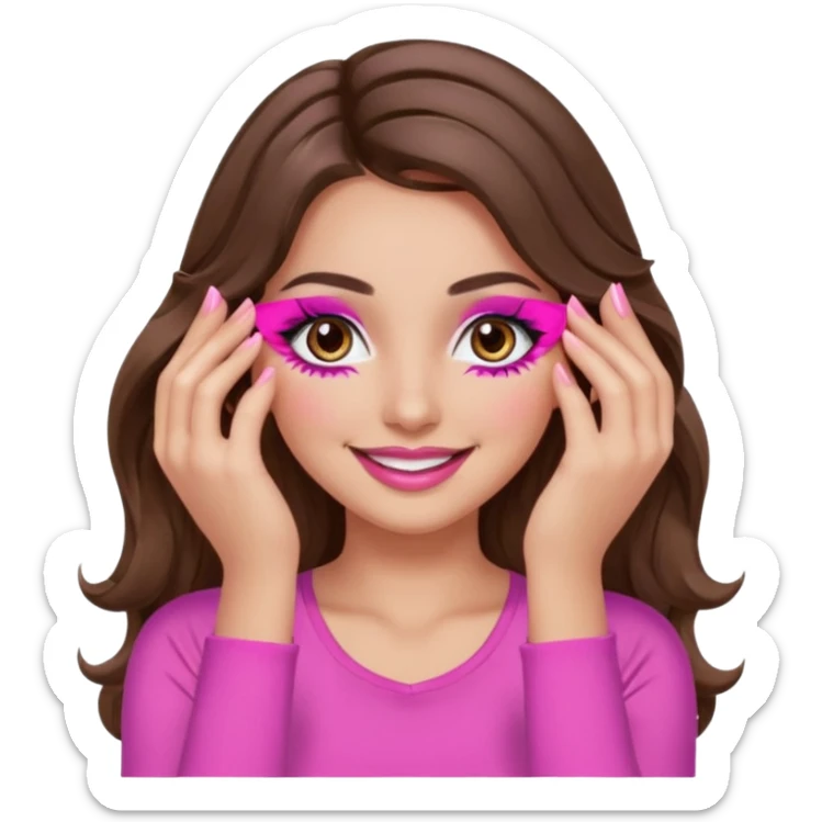 girl with long wavy brown hair, brown eyes, long lashes, makeup, sexy pink lips, light to medium complexion, wearing a pink sexy top, smiling, hands covering over the eyes sticker