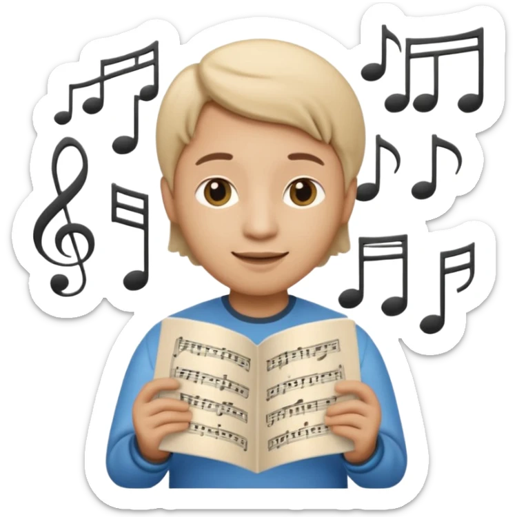 Apple Memoji-style 3D emoji of a composer holding sheet music, soft shading, rounded shapes, no background. sticker