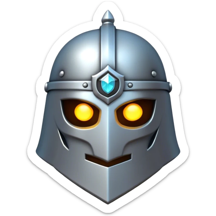 Clash of Clans aesthetic: Cinematic Playful 3D Isometric steel helm Emoji, rendered in a 3D vector-style similar to standard emojis with minimal shading and bold, simplified shapes. A compact, distinct form with signature details, softly glowing with a fantasy RPG magic charm. Simplified yet unmistakably iconic, highly detailed and consistent, glowing with a soft radiance and high shine. Stylized with a touch of heroic grandeur and a soft glowing outline, capturing the essence of a beloved gaming relic with a friendly, playful manner! sticker
