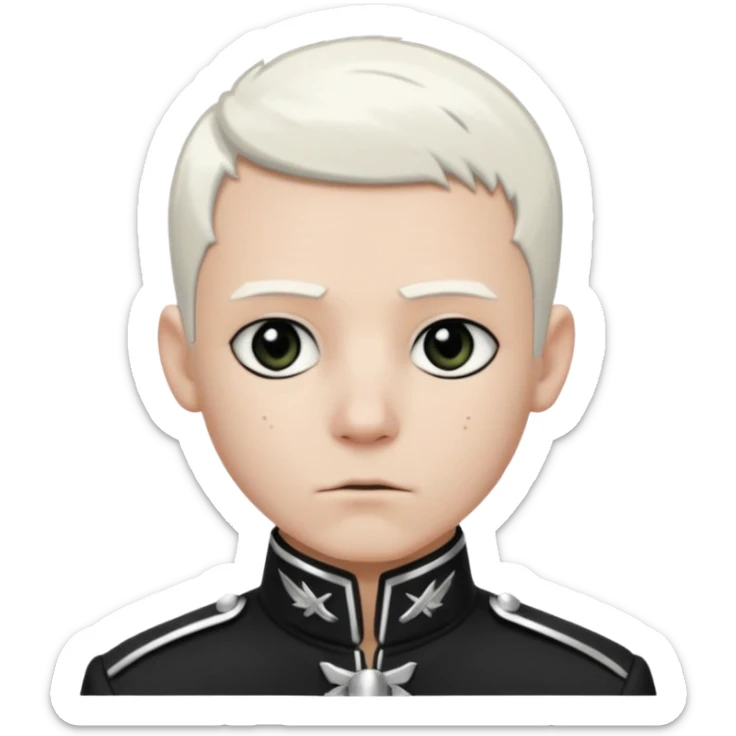 Head and shoulders emoji of a pale man with short white hair, wearing a black marching band jacket with silver trim. black eyeliner. Expression stoic, commanding, and theatrical, heroic emo style sticker