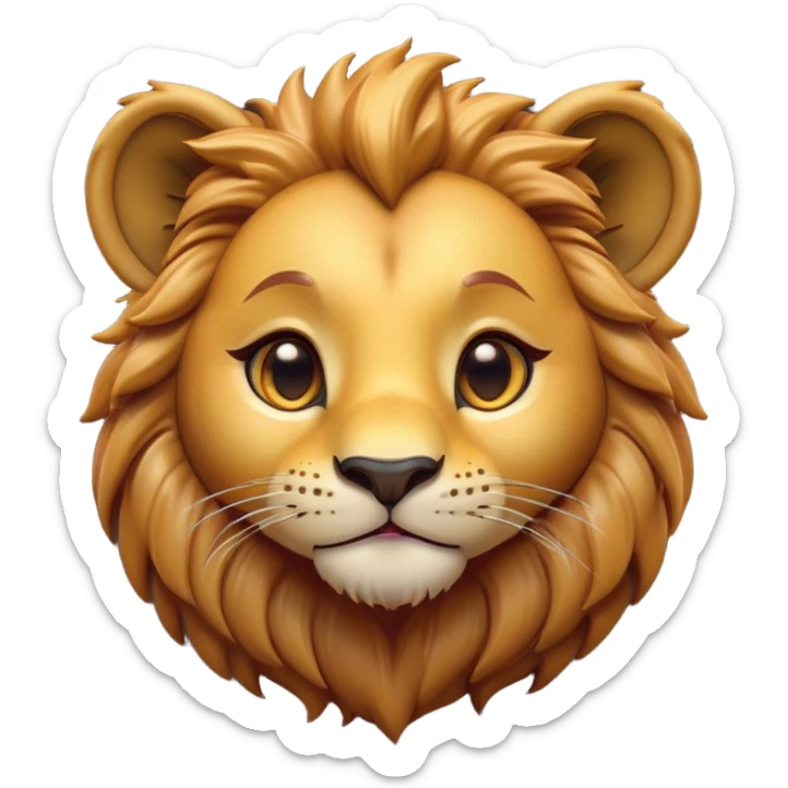 Cinematic Cute Lion Cub Portrait Emoji, Head tilted playfully and inquisitively, featuring a glossy tawny Fur with a lush mane and round, sparkling amber eyes filled with curious mischief, Simplified yet irresistibly adorable features, highly detailed, glowing with a warm, friendly glow, high shine, affectionate and spirited, stylized with a touch of jungle whimsy, bright and endearing, soft glowing outline, capturing the essence of a mischievous yet loving Lion Cub, so playful it feels like it could pounce out of the screen and into your arms! sticker