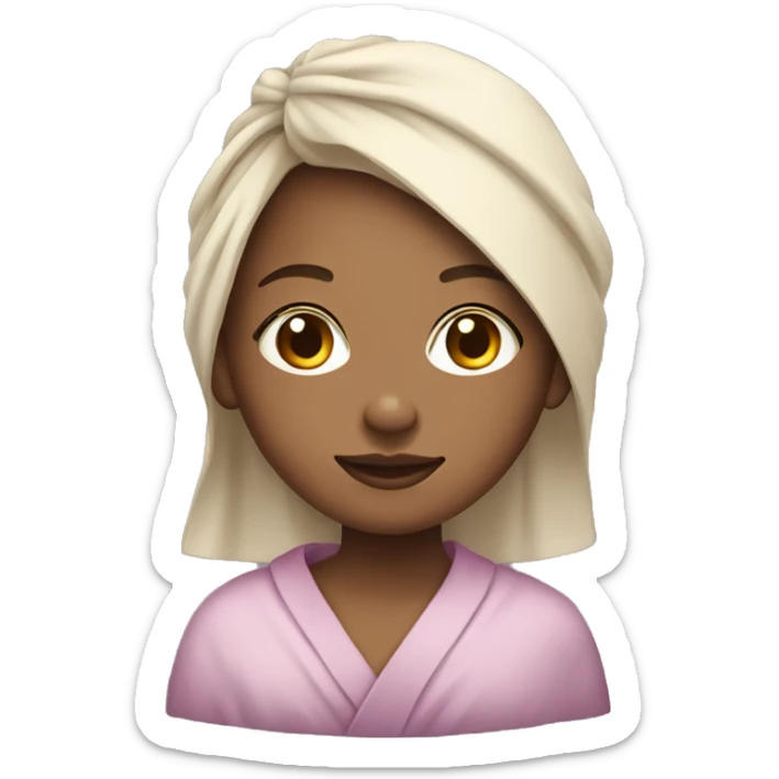 Girl with light skin in robe with hair wrapped in towel sticker