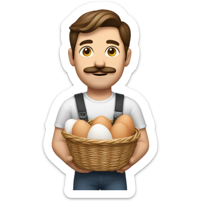 White man with brown hair and a mustache, holding a basket of eggs sticker