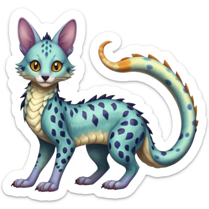 Flurry furry colorful oily spooky spectral ghostly gloomy dusky scaly sergal-serval-possum-sphynx-Koi-sergal-fusion-animal-hybrid-creature with a snake-tail sticker
