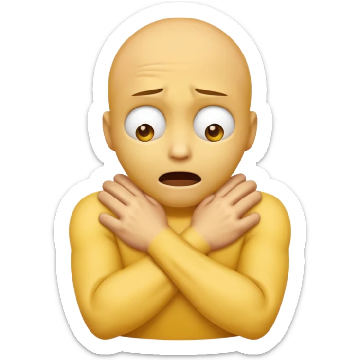 Yellow face emoji strangling itself with 2 arms crossed and hands saround neck and eyes looking up in fear sticker