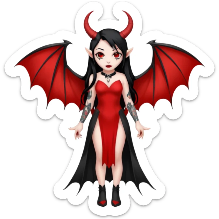 Full red-skin demon girl (entire body red), long black hair, small red horns, pointed ears, single bat wing, black open-back dress, bold tattoo-flash comic linework, red/black/gray, dark background, no text. sticker