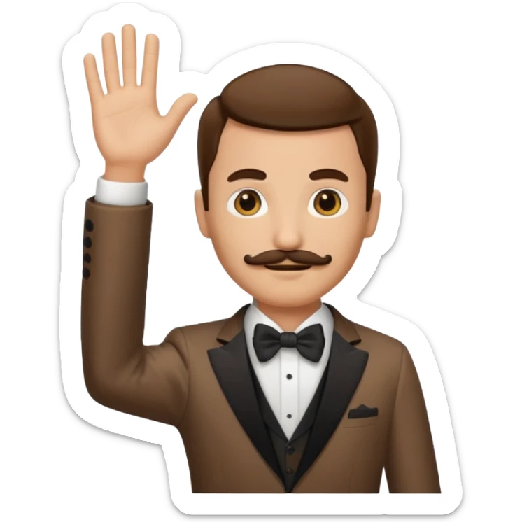 person raising hand emoji, wearing a brown tuxedo, with a short but tall mustache sticker