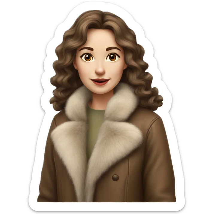 Realistic pretty Russian woman with wavy brown hair with fur coat no smile sticker