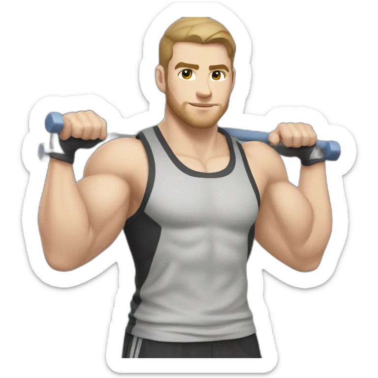 Pale skinned Fit Man With the biceps and dark brown hair in black shirt, gray sports shorts and white Sneakers Relies on the crossbar sticker