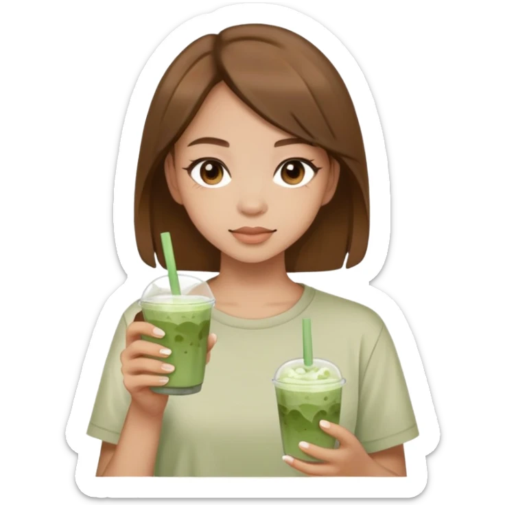 Girl, light skin, brown hair, brown eyes, holding iced matcha, neutral aesthetic shirt sticker