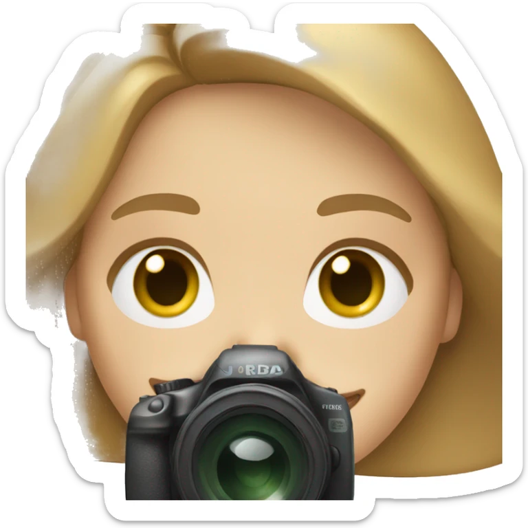 white woman with light brown hair and green eyes holding a camera smiling 
 sticker