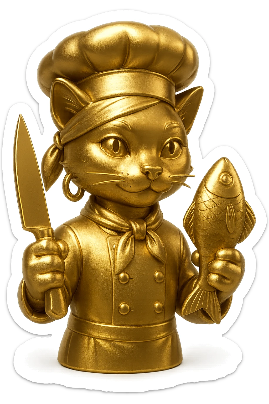 Add a single large gold earring to one ear, and make the cat chef hold a knife in one paw and a fish in the other. Keep the bandana and chef look, with no background. sticker