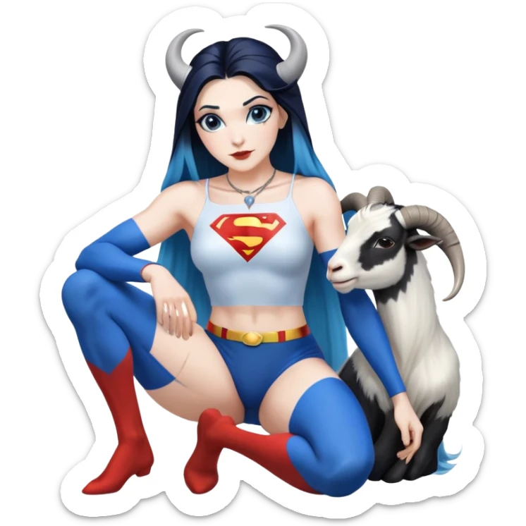 Art of a human white woman's very perfect body scheme anatomy-very long straight black to blue hair ombre-small goat horns-lean back-on knees-superman necklace sticker