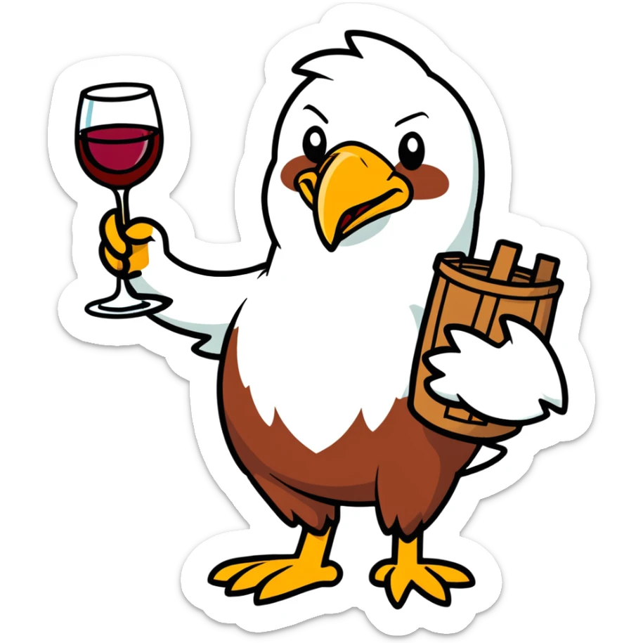 Real picture of an eagle bird drinking wine. Write the word Thirsty Thorpie on the eagles chest  sticker