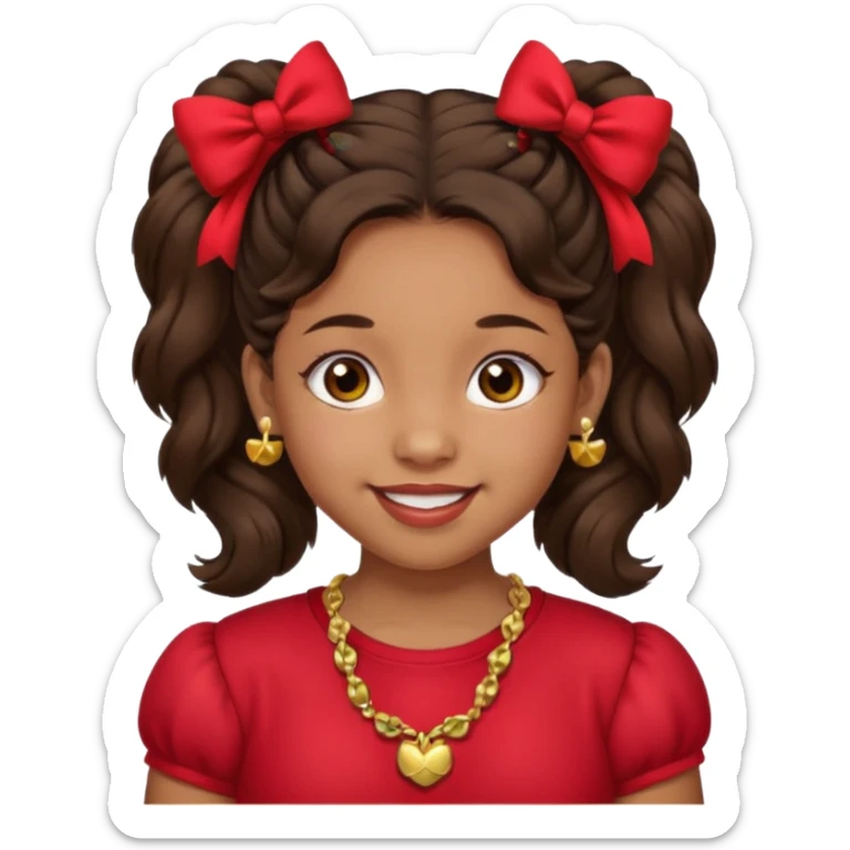 Brownskin girl dark brown hair fluffy. pigtails with red bows brown eyes smiling closed mouth red shirt gold esrrings gold necklace sticker