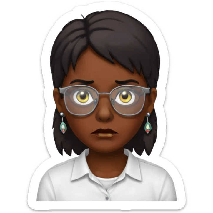 A zombie wearing a white shirt, dark skin, medium-length dark hair, earrings, and glasses, on a white background, facing forward. sticker