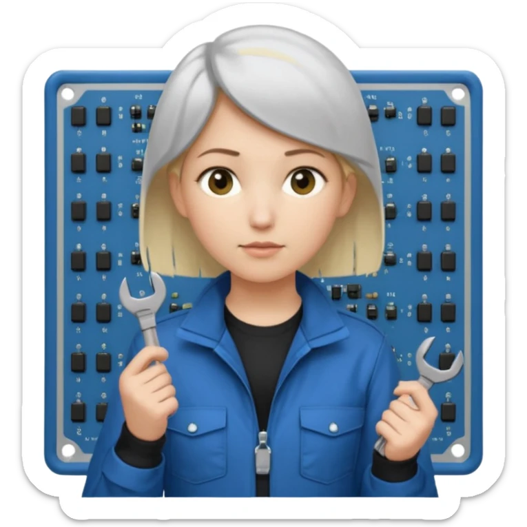Calm and independent female engineer, fair skin, short straight blonde hair tucked behind the ears, neutral but focused expression, wearing a fitted blue utility jacket over a black crew-neck top, holding a small wrench in one hand and a circuit board in the other, waist-up, front-facing sticker
