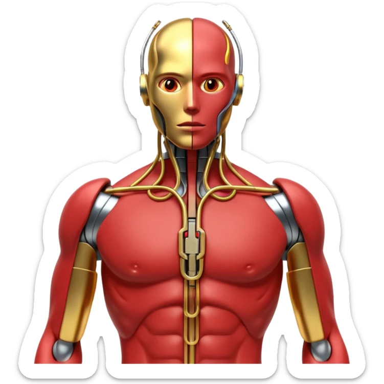 3D render of Neural Link, futuristic cyborg aesthetic, fusion of organic skin and chrome metal, gold brass valves mixed with red muscle tissue, exposed wiring, emoji style, isolated on white background --v 6.0. sticker