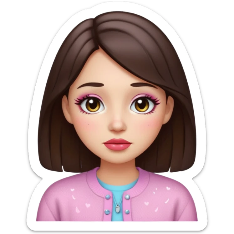 “Emoji brunette girl, dewy skin, heavy blush across cheeks and nose bridge, glossy cherry lips, soft eyeliner, teary sparkling eyes, pastel cardigan.” sticker