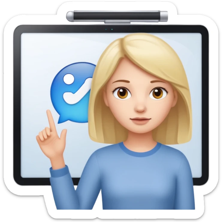 Make an emoji of a girl (no glasses) who is teaching how to use iMessage on a board sticker