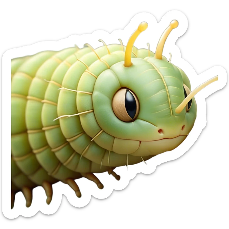 Beautiful and Majestic Caterpillar Portrait Emoji, Head and body rendered in serene repose with a gentle, content smile, showcasing a delicately segmented form with softly textured hues and eyes peacefully closed in tranquil slumber, Simplified yet exquisitely endearing features, highly detailed, glowing with a soft, drowsy natural light, high shine, relaxed and utterly noble, stylized with an air of graceful metamorphosis, soft glowing outline, capturing the essence of a beautiful and majestic caterpillar that embodies the quiet promise of transformation! sticker