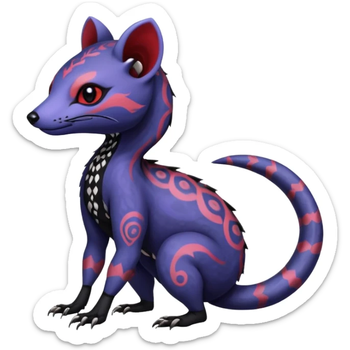 Rare warm-colored exotic gloomy tropical edgy cute epic aesthetic spooky indigo violet white black red gothic colorful Salandit-Noibat-Civet-species-Fakemon-hybrid-creature, with tribal tattoo markings, full body sticker