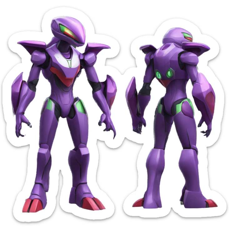 a shiny purple-green-red Genesect-Raptor-Fakémon—hybrid with a futuristic visor-helmet full body sticker