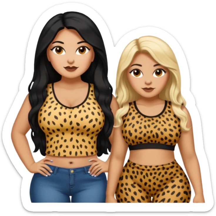 Tan Latina woman with long black hair chubby and black dark skinned woman with long blonde hair slim thick in cheetah top sexy sticker