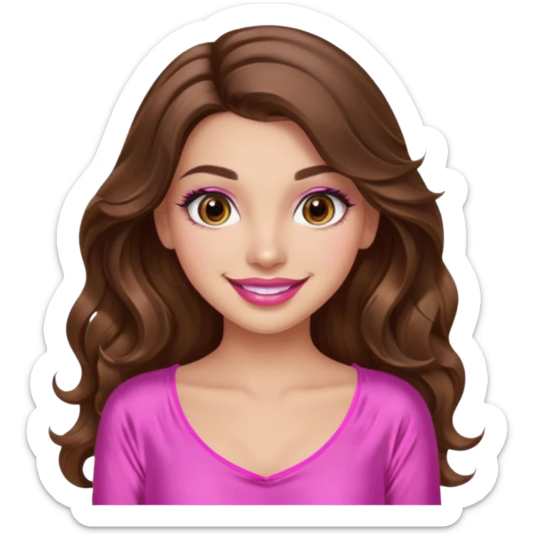 girl with long wavy brown hair, brown eyes, long lashes makeup, sexy pink lips, light to medium complexion, wearing a pink sexy silk top, smiling sticker