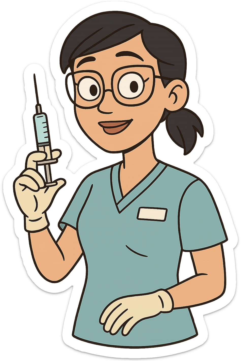 a modern day asian woman nurse holding a vaccination needle sticker