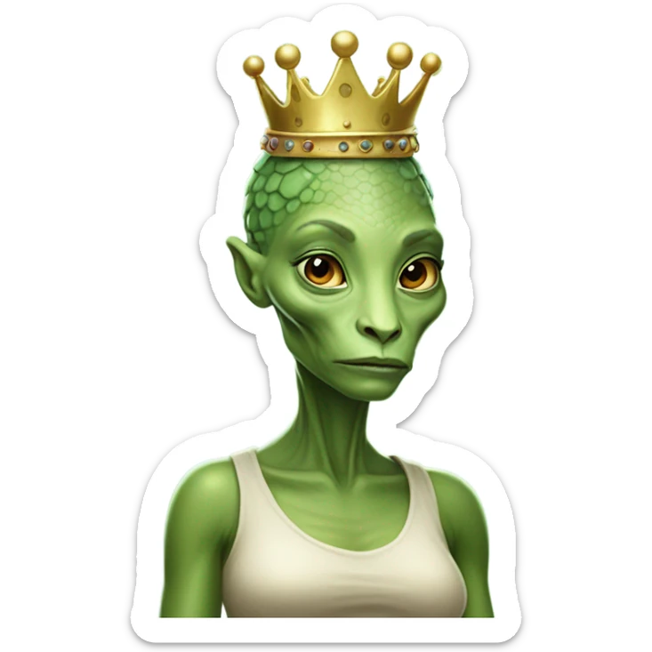 Pregnant reptilian alien woman, full body, have a crown sticker