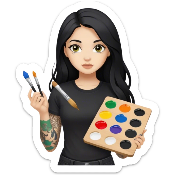 A girl with long black hair and hazel eyes and black tattoos on right arm holding a paint palette  wearing black shirt sticker