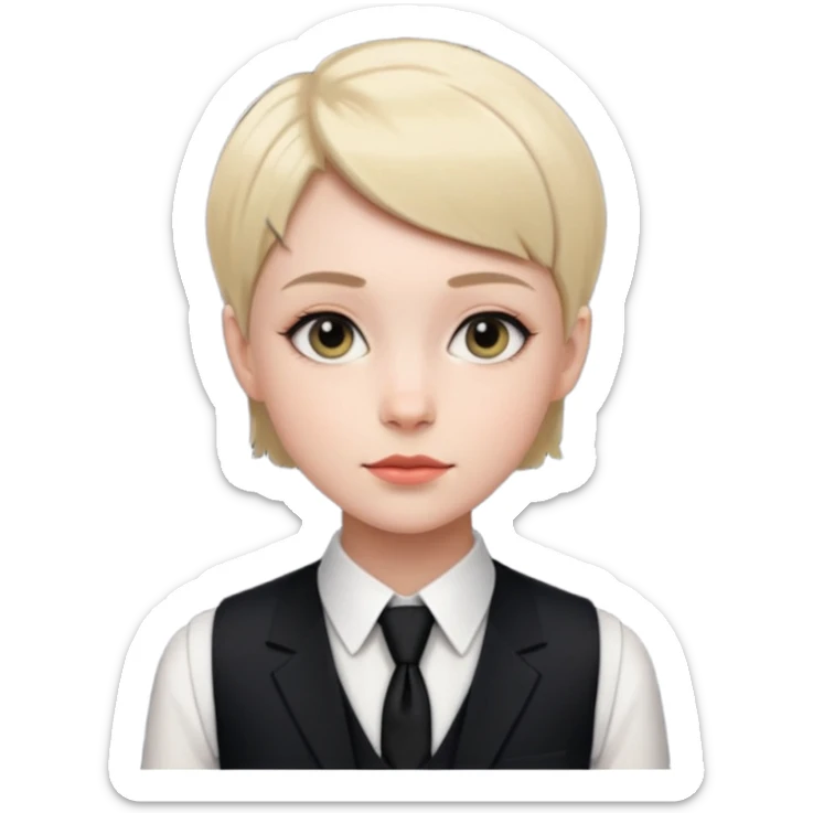 pale girl who has very short hair, formal wear with black tie and a vest sticker