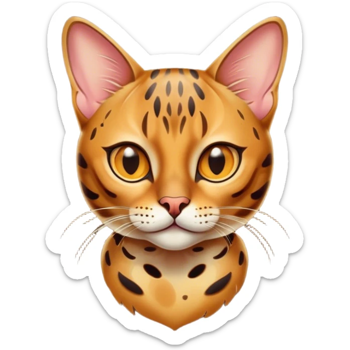 Cinematic Bengal Cat Portrait Emoji, Elegant and striking, sleek spotted brown and gold tones, Simplified yet sharp features, highly detailed, glowing with a warm, confident glow, high shine, playful and curious, stylized with an air of grace, focused and attentive, soft glowing outline, capturing the essence of agility and confidence, so lifelike it feels as though it could spring into motion at any moment! sticker