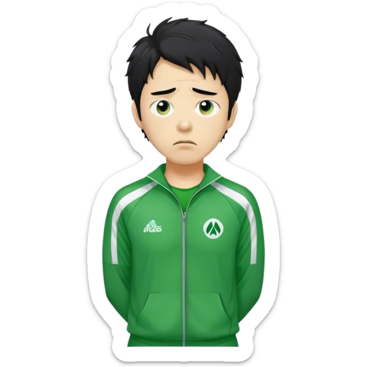 Seong Gi-hun : age 45, A tall, slim man with messy, unkempt black hair and tired eyes, showing signs of stress, Green player tracksuit,  sticker