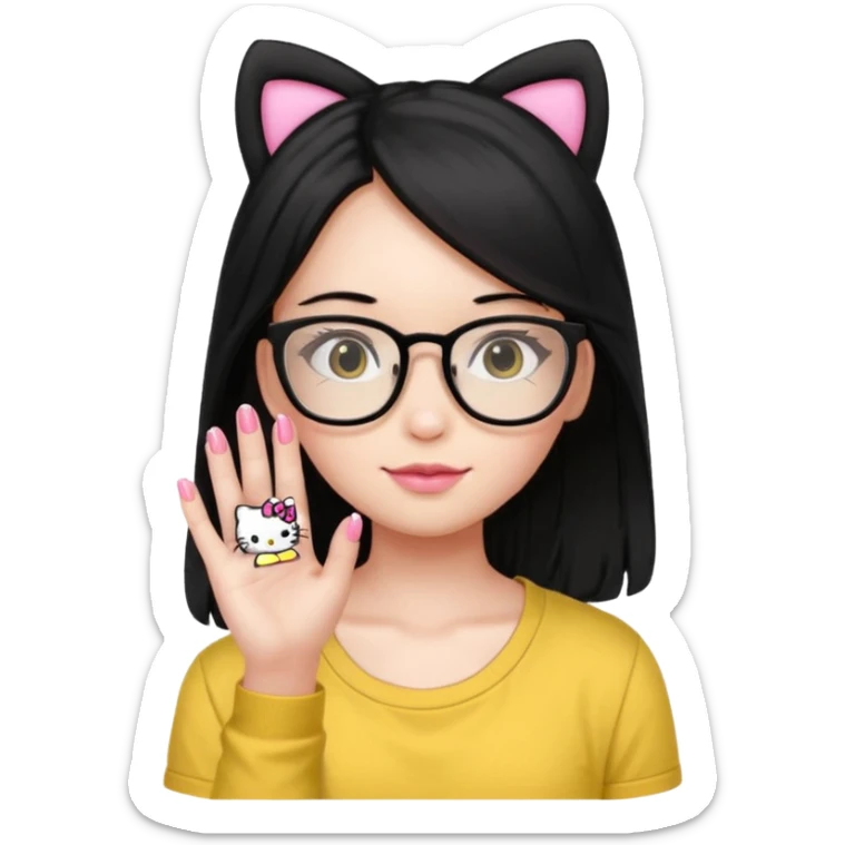 Nails cute hello kitty wear glasses black long  hair wear yello shirt sticker