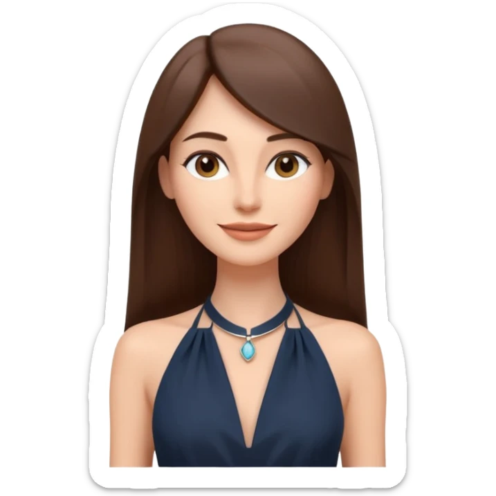 emoji-style illustration of a stylish pretty happpy woman with long straight brown hair, wearing a dark halter neck dress, elegant and minimalistic look, front-facing, soft 3D cartoon rendering, plain background sticker