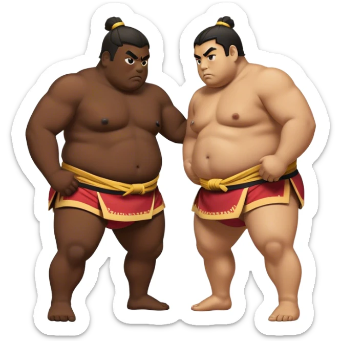 Cinematic Realistic Sumo Wrestling Emoji, depicted as an intense sumo match featuring powerful wrestlers in traditional mawashi, rendered with rich textures and dynamic dramatic lighting that captures the raw intensity of the sport. sticker