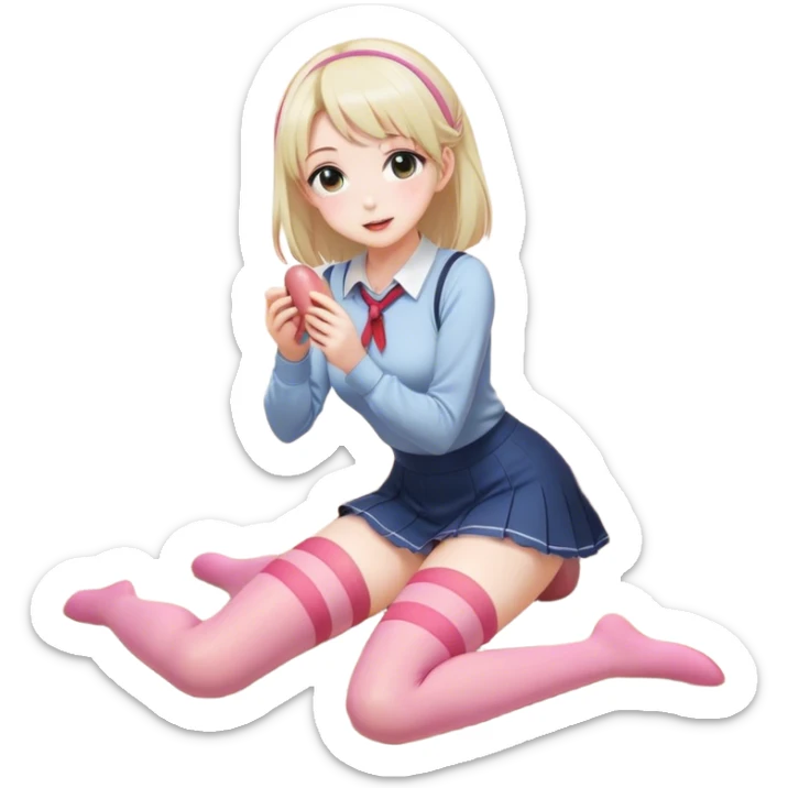 Anime girl in thigh-high stockings, kneeling on the floor while reaching for a pink sausage. Her pose is cute and slightly playful, with a soft and charming expression. She wears a casual yet stylish outfit, and the scene has smooth shading with a warm and inviting atmosphere. sticker