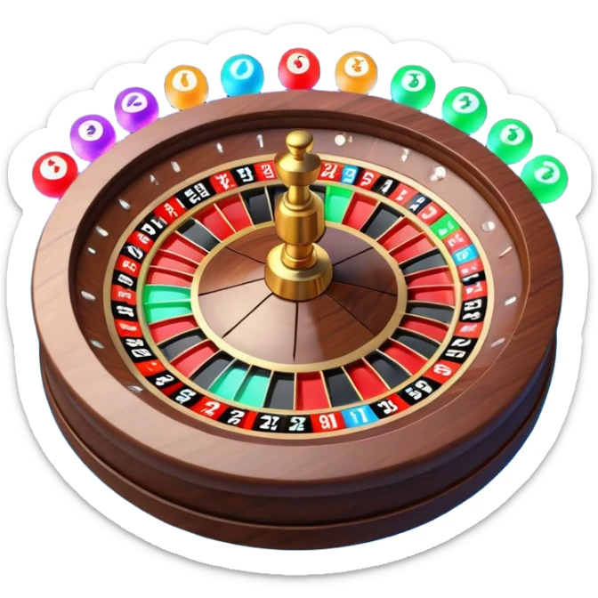 A 3D cartoon roulette wheel with spinning ball and colorful numbers, glowing casino lights, Memoji-style. sticker