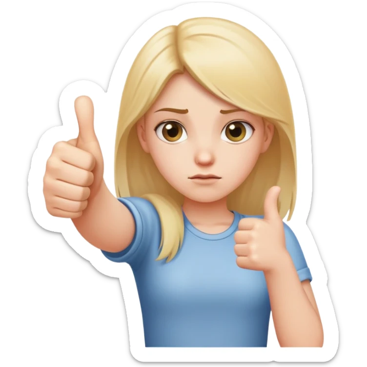 Girl with right hand strictly making thumbs up sign and left hand strictly making thumbs down sign, confused expression, both thumbs clearly visible sticker