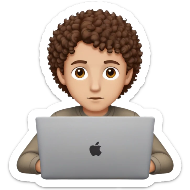 male with brown eyes and very short brown curly hair with a fade, focused on a laptop sticker
