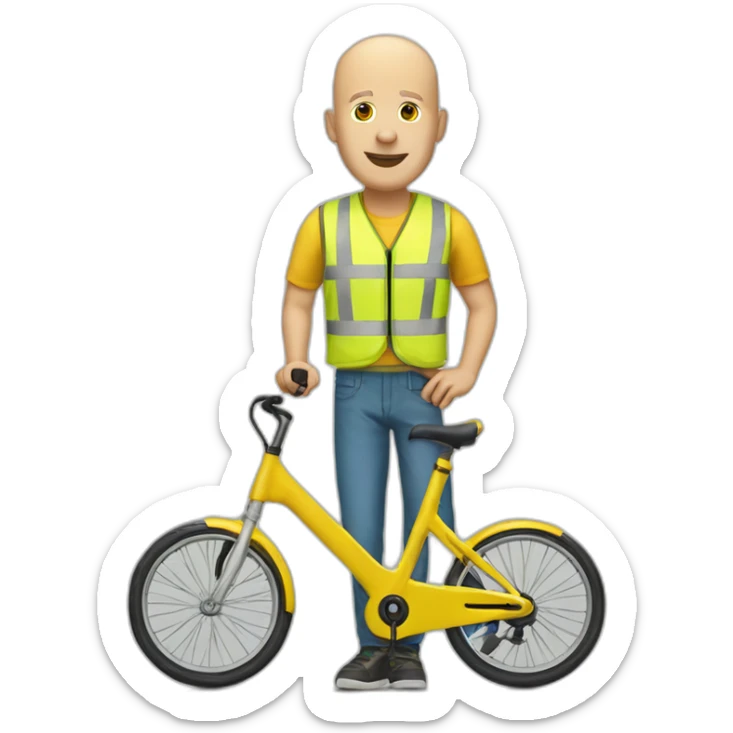 a bald white man with a yellow safety vest and a yellow bicycle helmet on a trotinette sticker