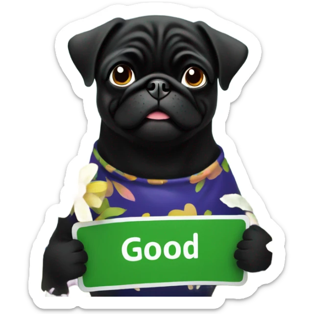 Black pug , surrounded by flowers, holding a green sign that says “good luck”  sticker