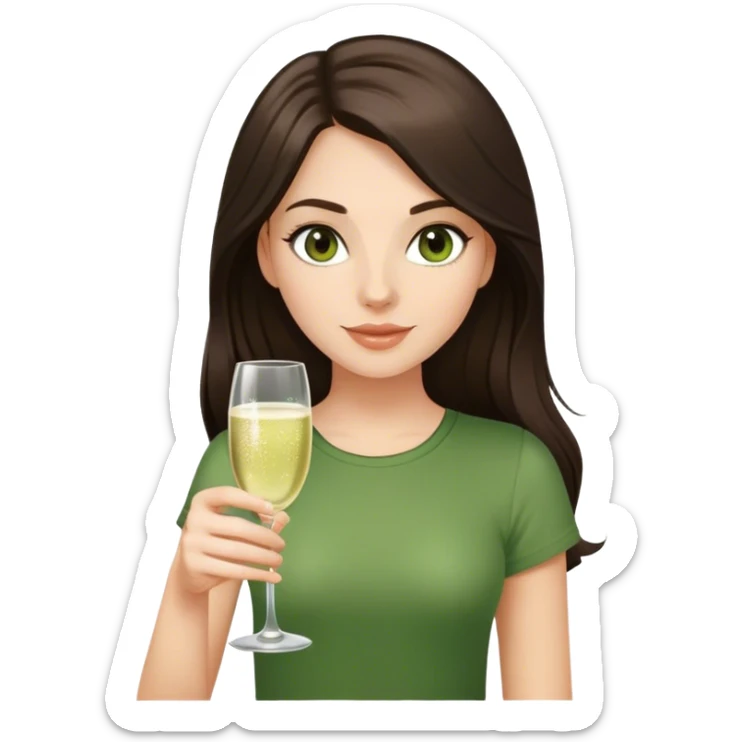 White girl with long dark brown hair and a green top and brown eyes with glass of champagne  sticker